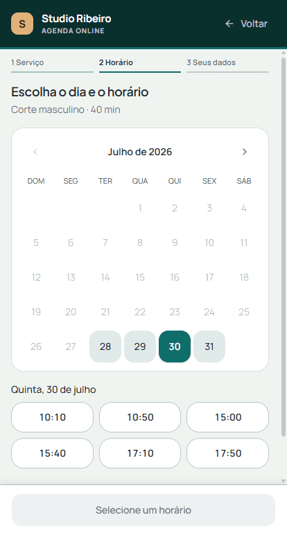 Página de agendamento do negócio no celular, na etapa de escolher o horário